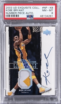 2003-04 UD "Exquisite Collection" Number Pieces #NP-KB Kobe Bryant Signed Game Used Patch Card (#06/08) – PSA NM-MT 8